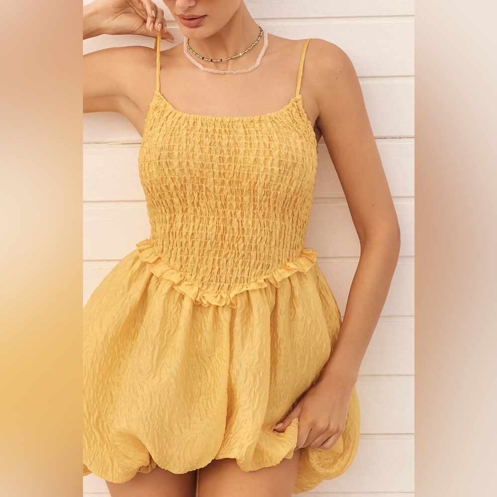 NWT Anthropologie Siempre Yellow Smocked Mini Bubble Dress Size M